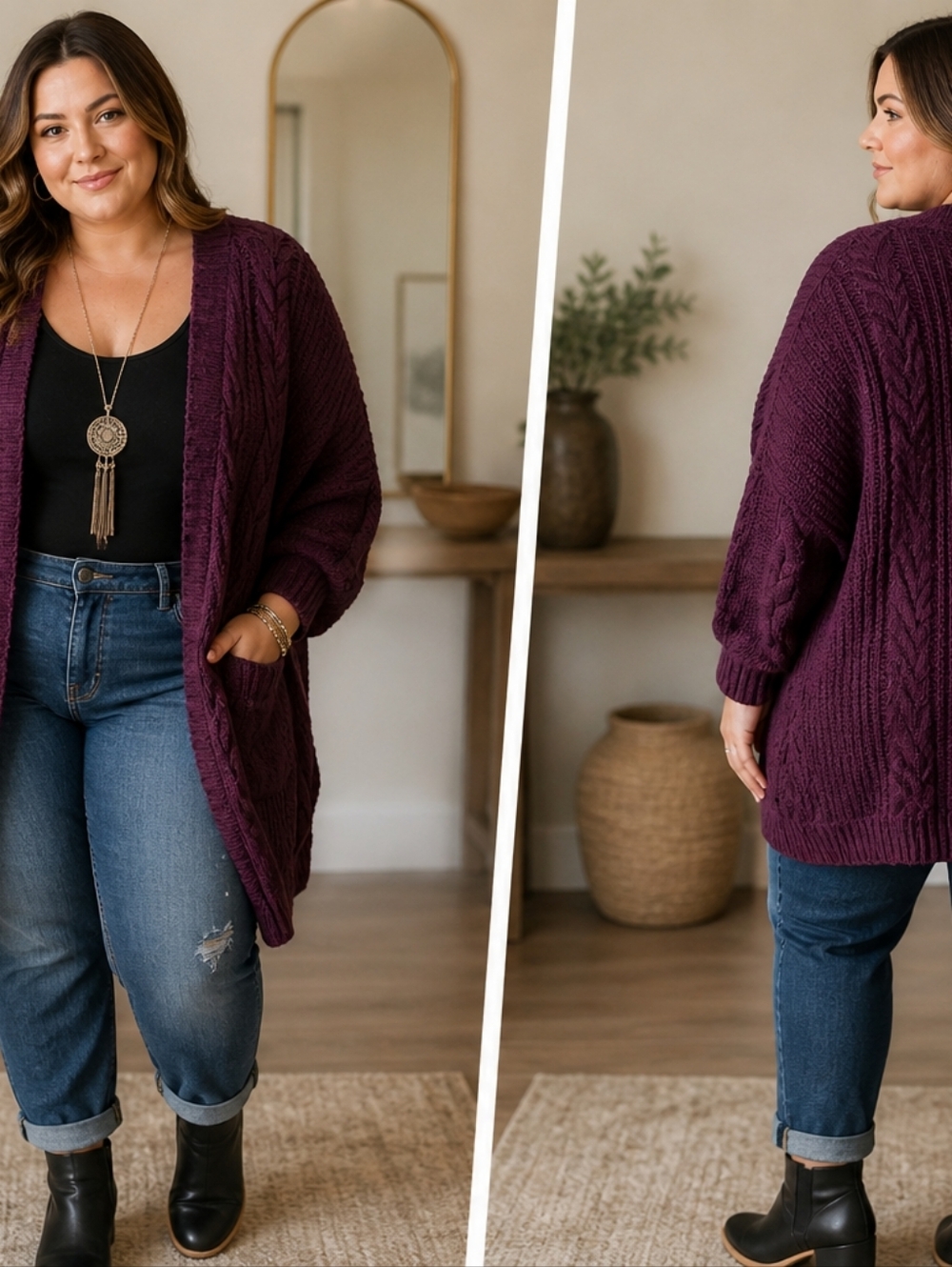 L Love Burgundy Cable Knit Open Front Cardigan 2X/3X Plus Size Contemporary Cozy